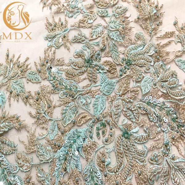 140Cm Width 3D Embroidery Lace Fabric With African Beaded  5 Yards