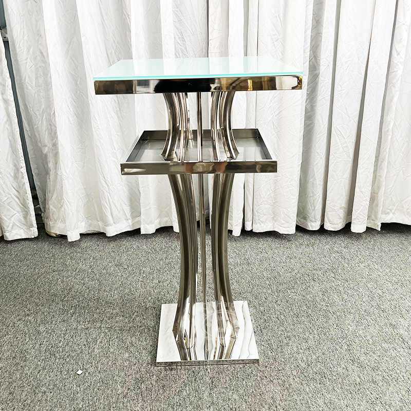 WENDING Silver Double-Tier Square Bar Display Stand – Arc Leg Glass Top Hotel Service Table