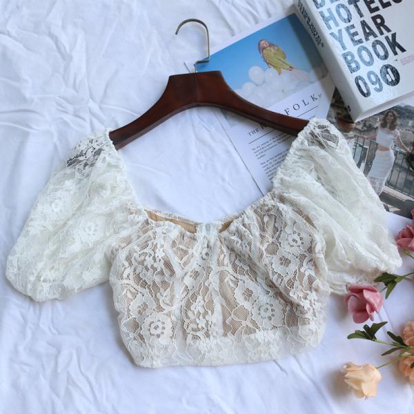 Square Neck Puff Sleeve Backless White Lace Crop Top Short Sleeve