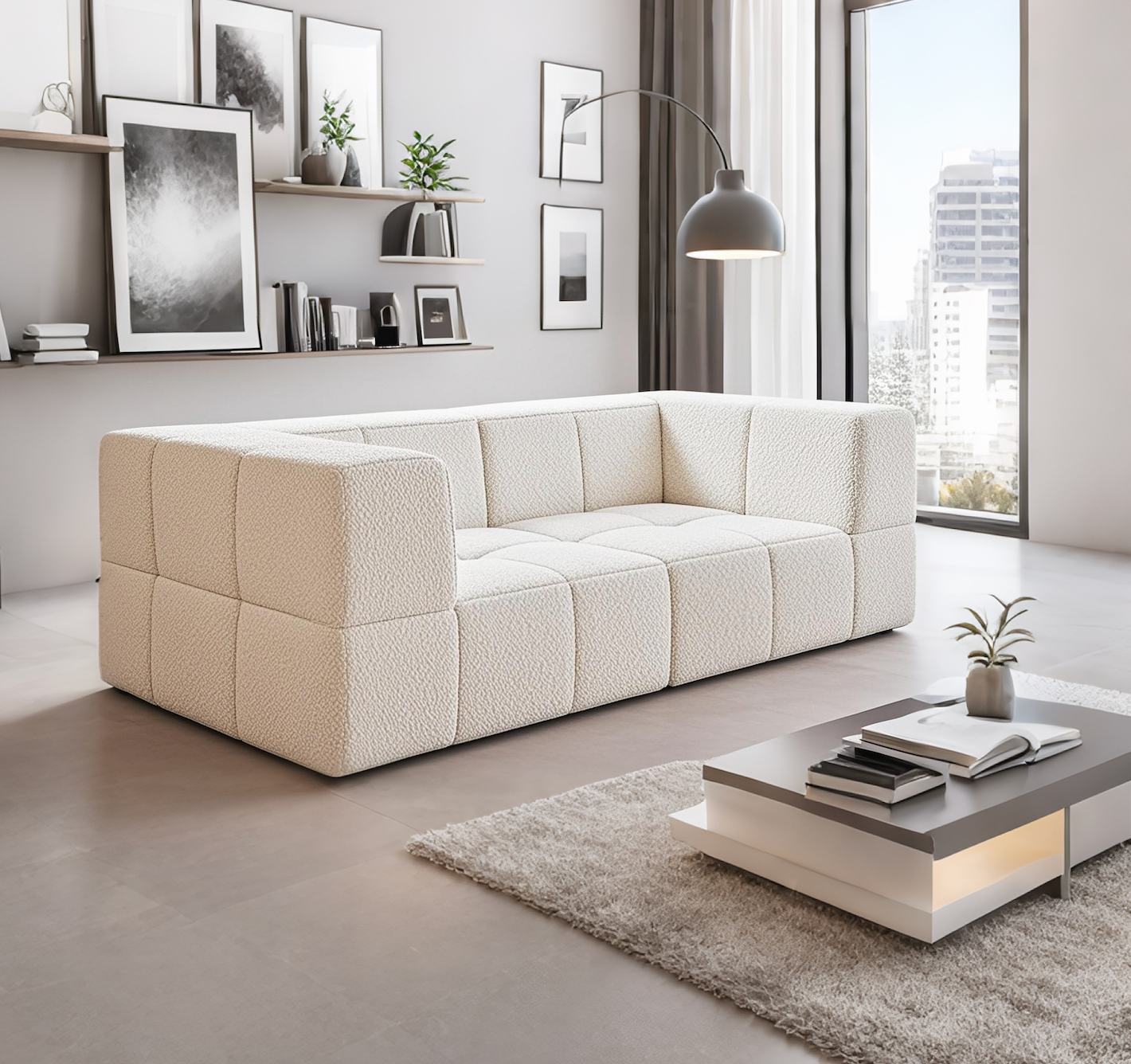 Customizable Modern White Tufted Rectangle Sofa Compressed Sponge Fabric for Office Living Room Villa for School Furniture