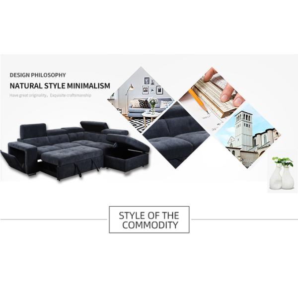 European new arrival dark blue single futon with storage 2seater+chaise chenille fabric shaped sleeper sofa bed sofa cum