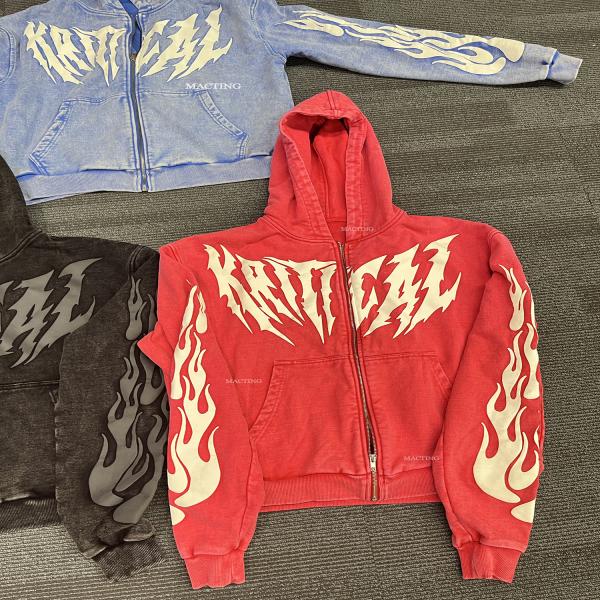 T-shirts à capuche personnalisés en coton 100% imprimé en poudre de coton vêtements de rue lavés à l'acide T-shirts à fermeture à glissière lourds