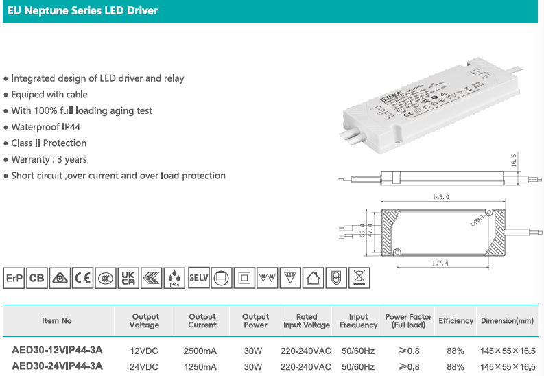 30W 12V 220-240V Super Slim EU LED Driver IP44 with Class II Protection for Mirror Light