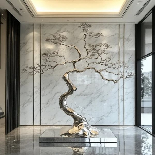 High - End Restaurant Interior Design: Custom - Made Stainless Steel Tree Sculpture