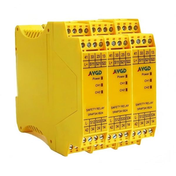 The safety relay SR4P3A1B24 replaces the emergency stop switch and safety door