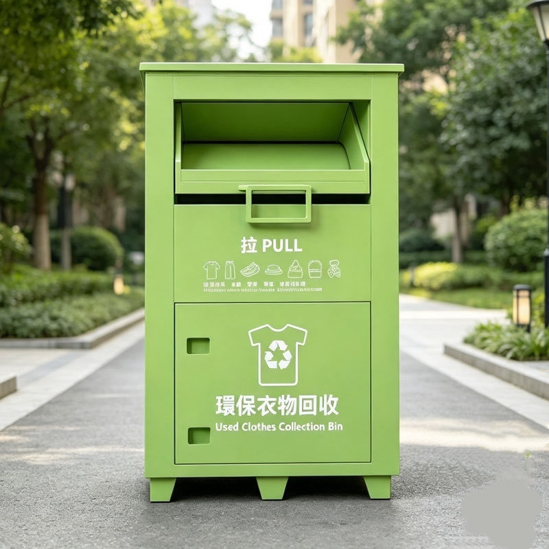 Eco-friendly Powder Coated Galvanized Sheet Metal Donation Bin, Outdoor Weatherproof Textile Shoes Hats Collection Cabinet