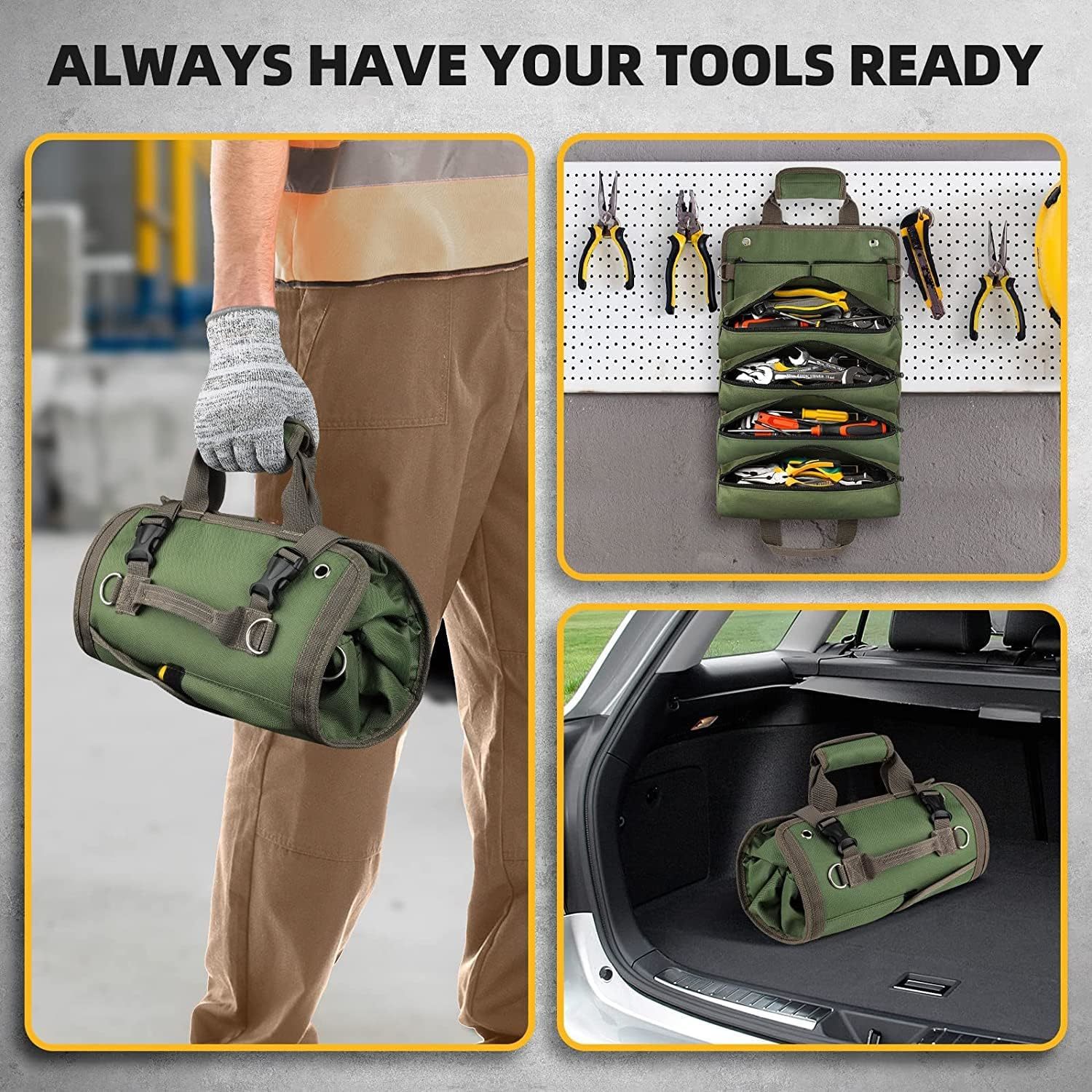 Tool Bag, Tool Roll up Bag, Heavy Duty Tool Organizer for Men Women,Green  Portable Roll up Tool Bag ,  Rolling Tool Bag