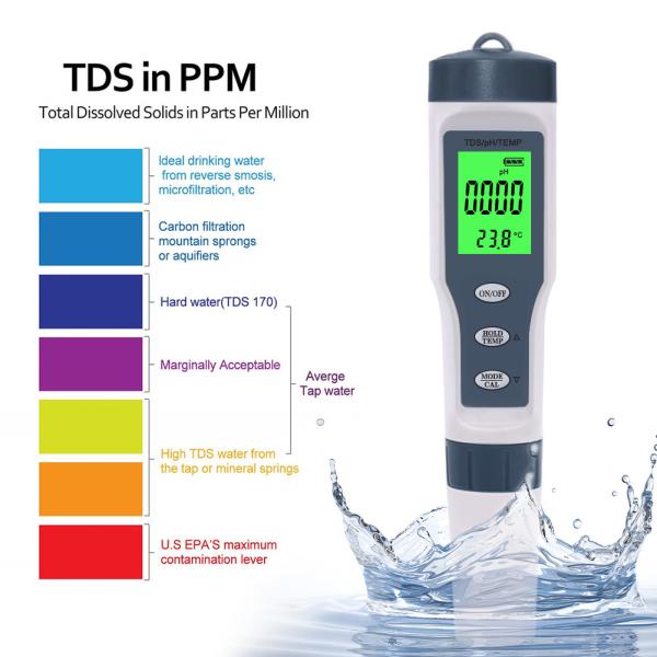 Testeur de qualité de l'eau 3 en 1 - TDS/pH/tempomètre avec calibrage automatique et compensation de température