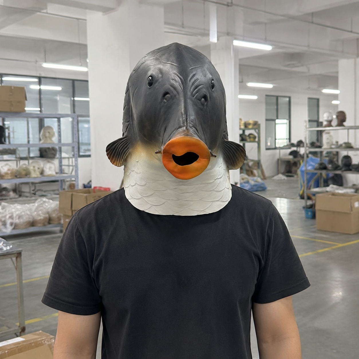 Realistic Grass Carp Latex Full Head Mask, Fish Character Costume with Scaled Texture, Orange Lips, Side Fin Detail and Full Head Design for Halloween Party Cosplay Photo Video Props
