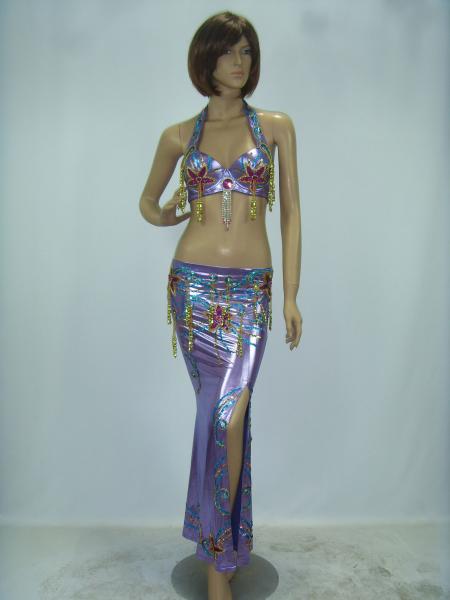 2 Pcs Belly Dancer Costume Purple Metallic Maxi Skirt Halter Neck Bra Flower Printing