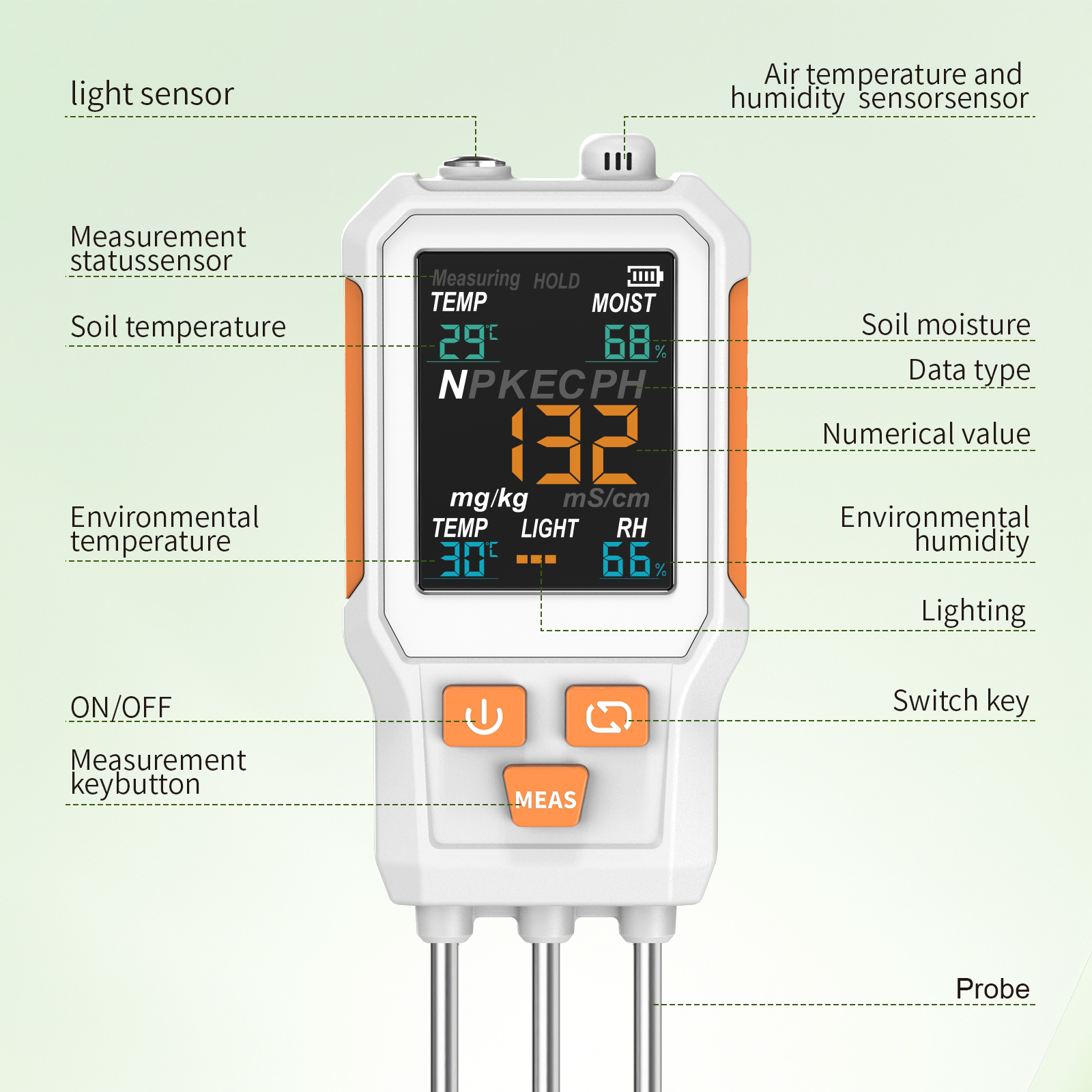 10 in 1 Color Screen Soil Tester, PH,EC,N P K,Temp,Moisture,Light  Humidity