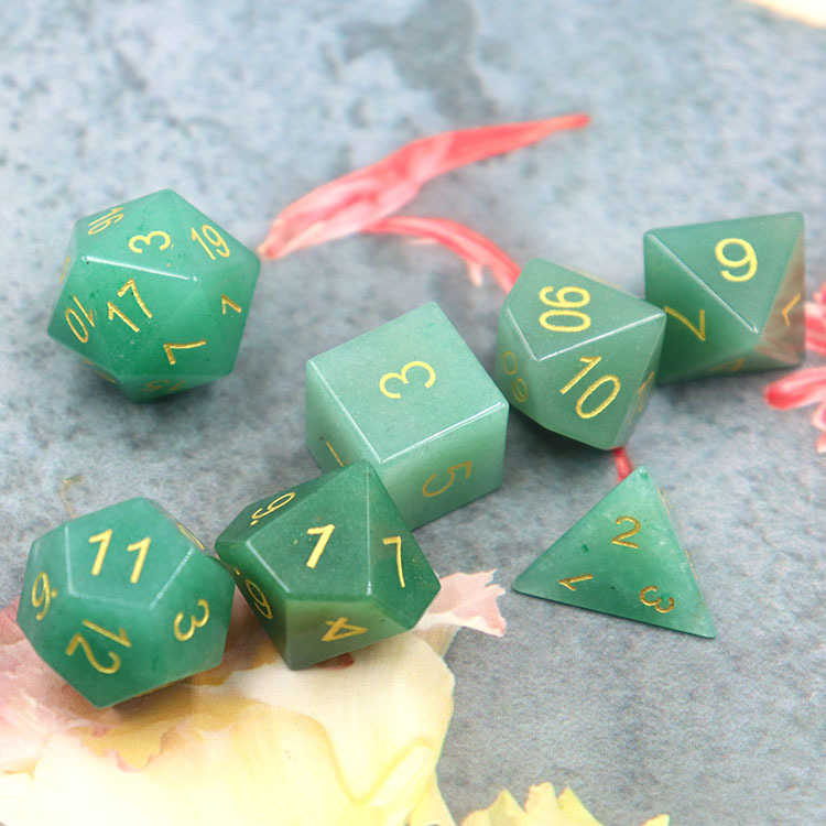 Natural Green Aventurine Gemstone Polyhedral Dice Set - Hand Carved DND Dice with Golden Ink Engraved Numbers