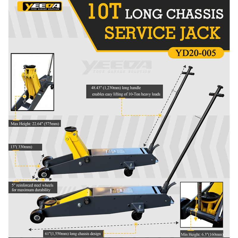 10T Capacity Long Chassis Service Jack with 61 Chassis and 5 Reinforced Steel Wheels