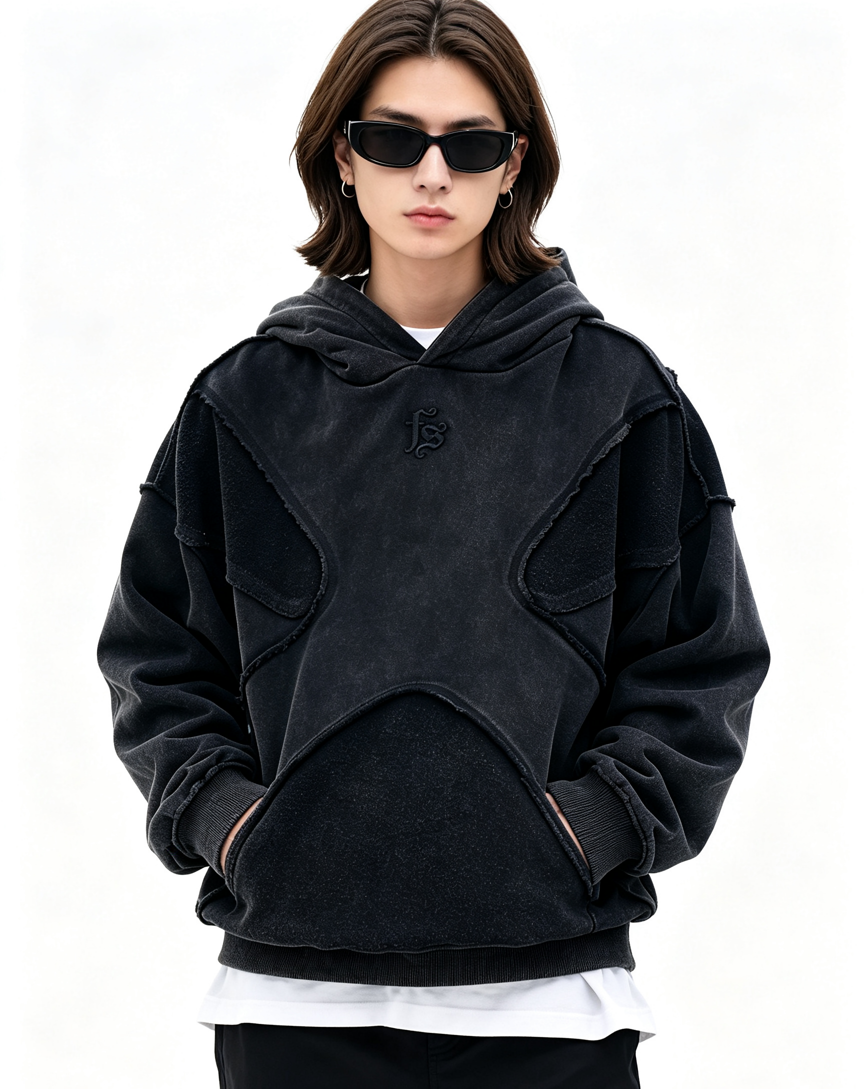 500G 100% Cotton Raw Edge Spliced Hoodie, Oversized Drop Shoulder Vintage Streetwear Pullover Hooded Sweatshirt for Bulk Wholesale