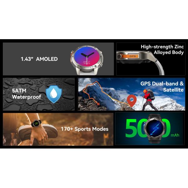 Smart Watch Men 500 MAh 1.43 Inch AMOLED 5ATM Waterproof Heart Rate Outdoor Sports Smartwatch