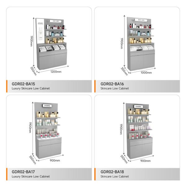 Makeup Store Table Grey Oiled Wooden Skincare Cabinet With Led Lights For Retail Store Interior Design And Space-Saving Display Counter