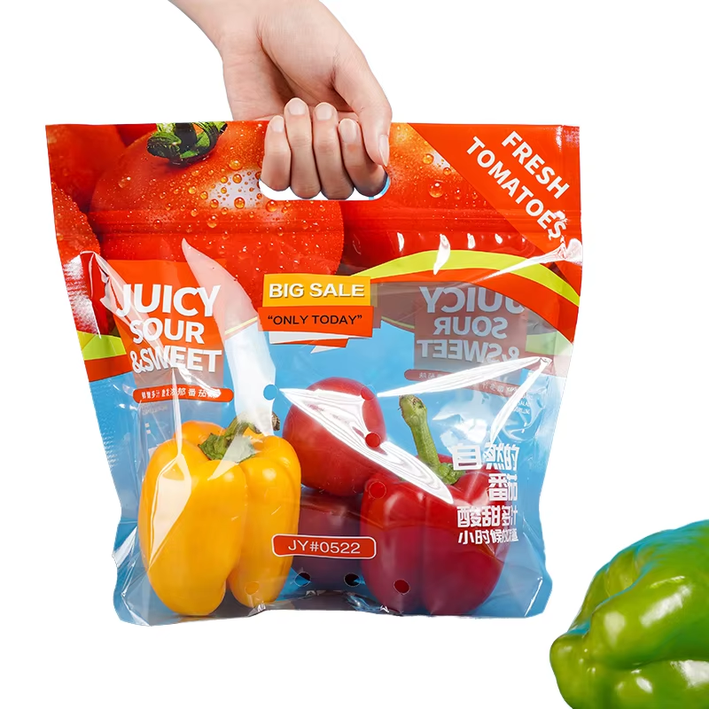 Custom Ventilated Produce Handheld Bags Food-Grade Material Ideal for Commercial Fresh Vegetable & Fruit Packaging & Storage