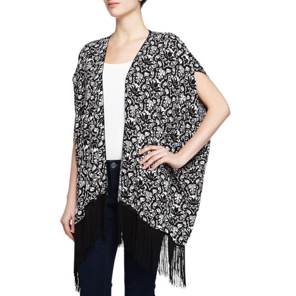 Print Kimono with Fringe Hem, BlackIvory