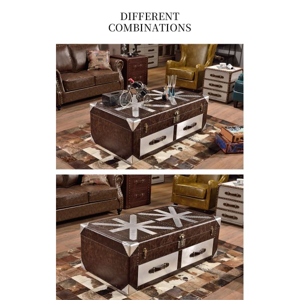 Nidea #8627 Vintage Industrial Coffee Table Double Drawers Aluminum Rivet Union Jack Crackle Leather Cabinet-Style Wooden Base Hotel Loft