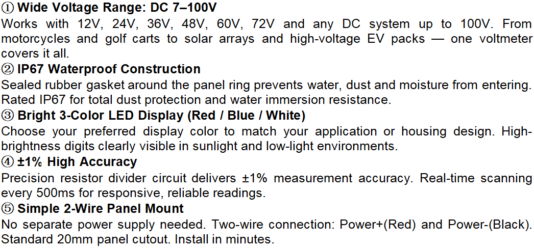 Waterproof DC 7-100V LED Digital Voltmeter Panel Mount Battery Voltage Indicator for EV Lithium Solar Factory Direct