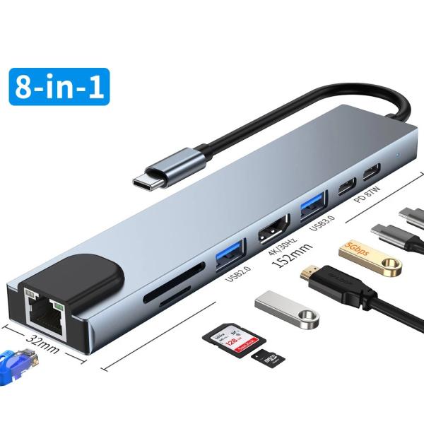 3840*2160 30HZ 8 In 1 USB C HUBs For Macbook Pro PD Charge 8 Ports Dock Station 10Gbps