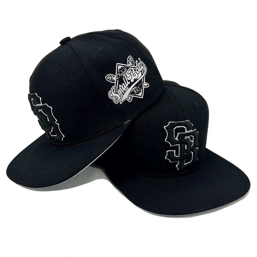 Custom 3D Embroidered 6 Panel Snapback Caps Flat Bill Brim Unstructured Adjustable