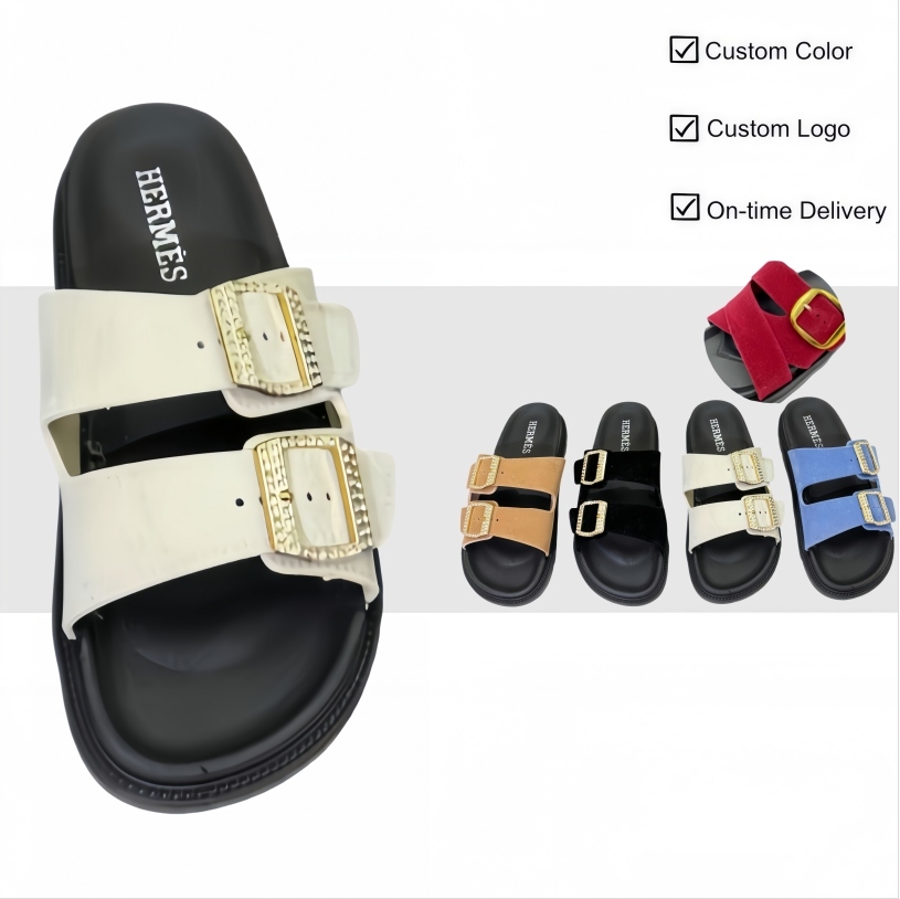 Two-Band Slides with Rhinestone Buckles and Textured PVC Sole | Factory Wholesale