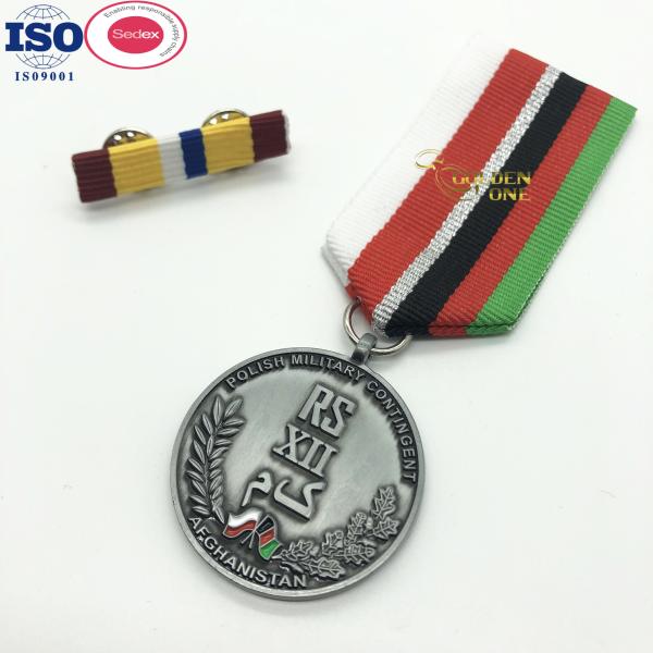 Brass Round Metal Sports Medal 3D Antique Silver Plated Commendation With Ribbon