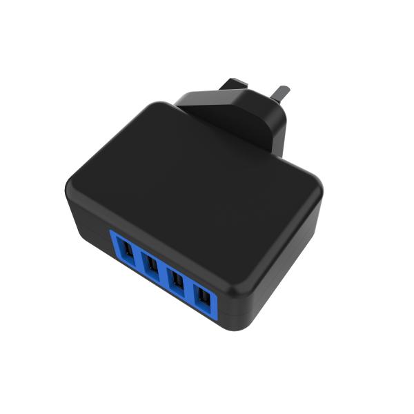 Black 4 Ports 5V4.8A USB Wall Charger UK Plug