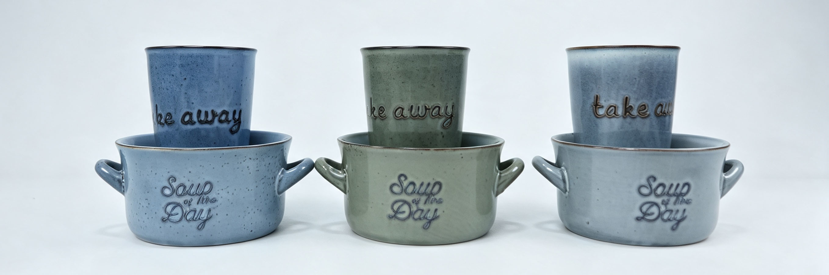 6 Piece Speckled Glaze Ceramic Soup Bowl & Tumbler Set, Embossed Soup of the Day Double Handle Soup Crock with Matching Take Away Drinking Cup