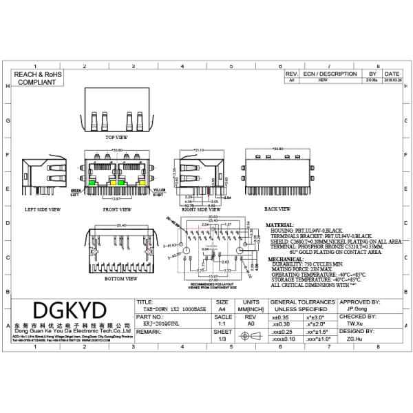 10/100/1000BASE 2 Port RJ45 Jack Combo 8P8C , 1x2 RJ45 Connector With Transformer And Led