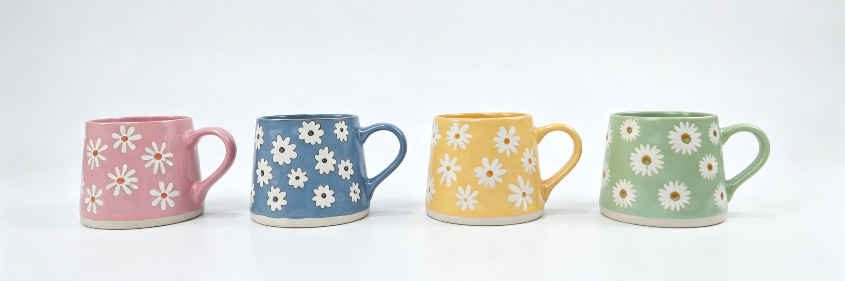 Pastel Daisy Ceramic Mug Set of 4, Embossed Flower Coffee Cups
