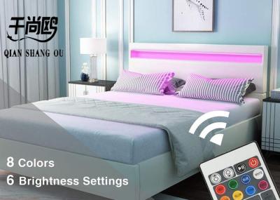 8 Color Changing lED light headboard bed , White Leather Upholstered Bed