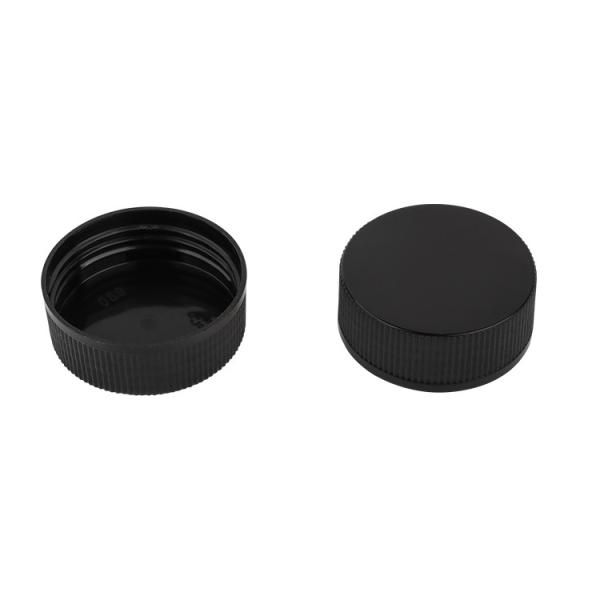 32/400 Black Ribbed Plastic Screw On Cap Sealed Rotating Cap For Cosmetic Packaging
