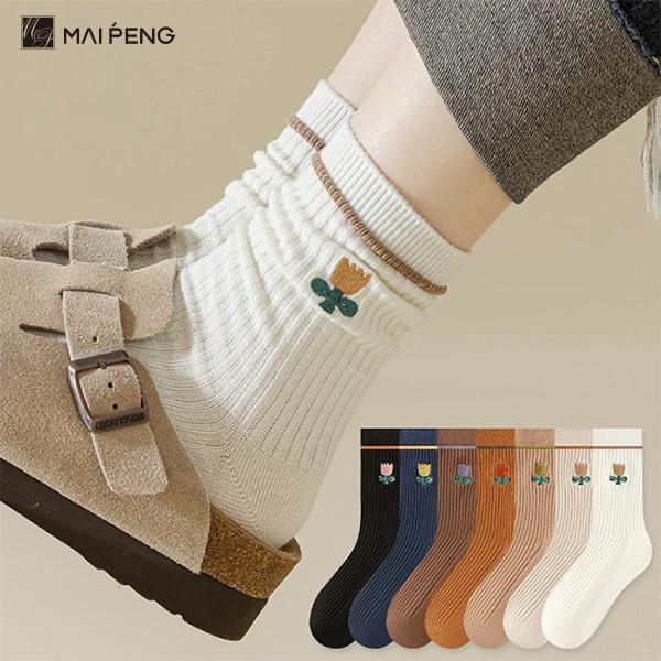 Solid Color Stripe Breathable Cotton Socks Flower Embroidery Crew Women Socks