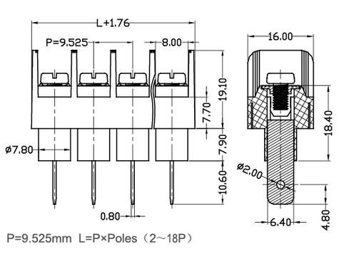 Черный барьер 300v 20A 2P терминального блока тангажа 9.525mm - 22P