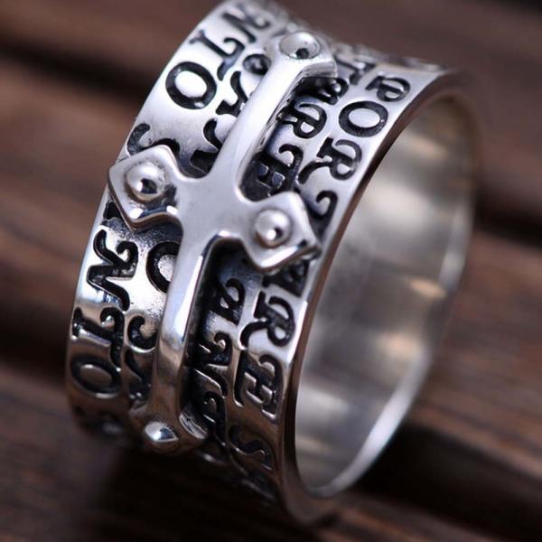 Men Retro Sterling 925 Silver Engraved Words Cross Band Style Ring (XH051940W)