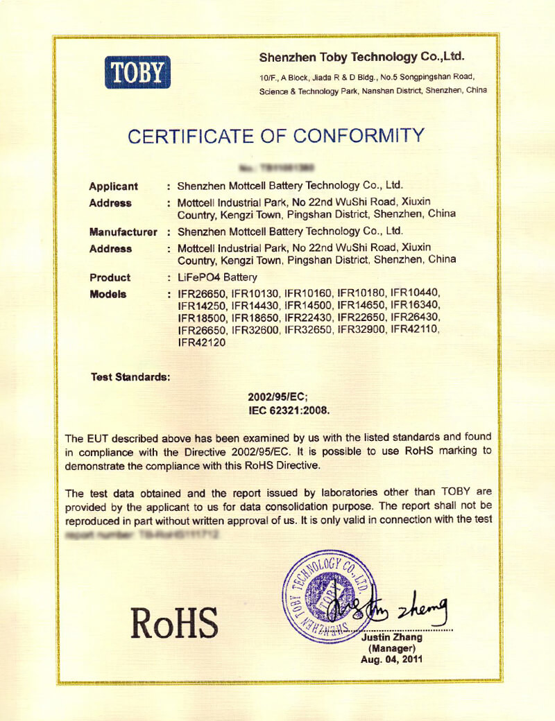 Shenzhen Mottcell New Energy Technology Co., Ltd. Сертификации