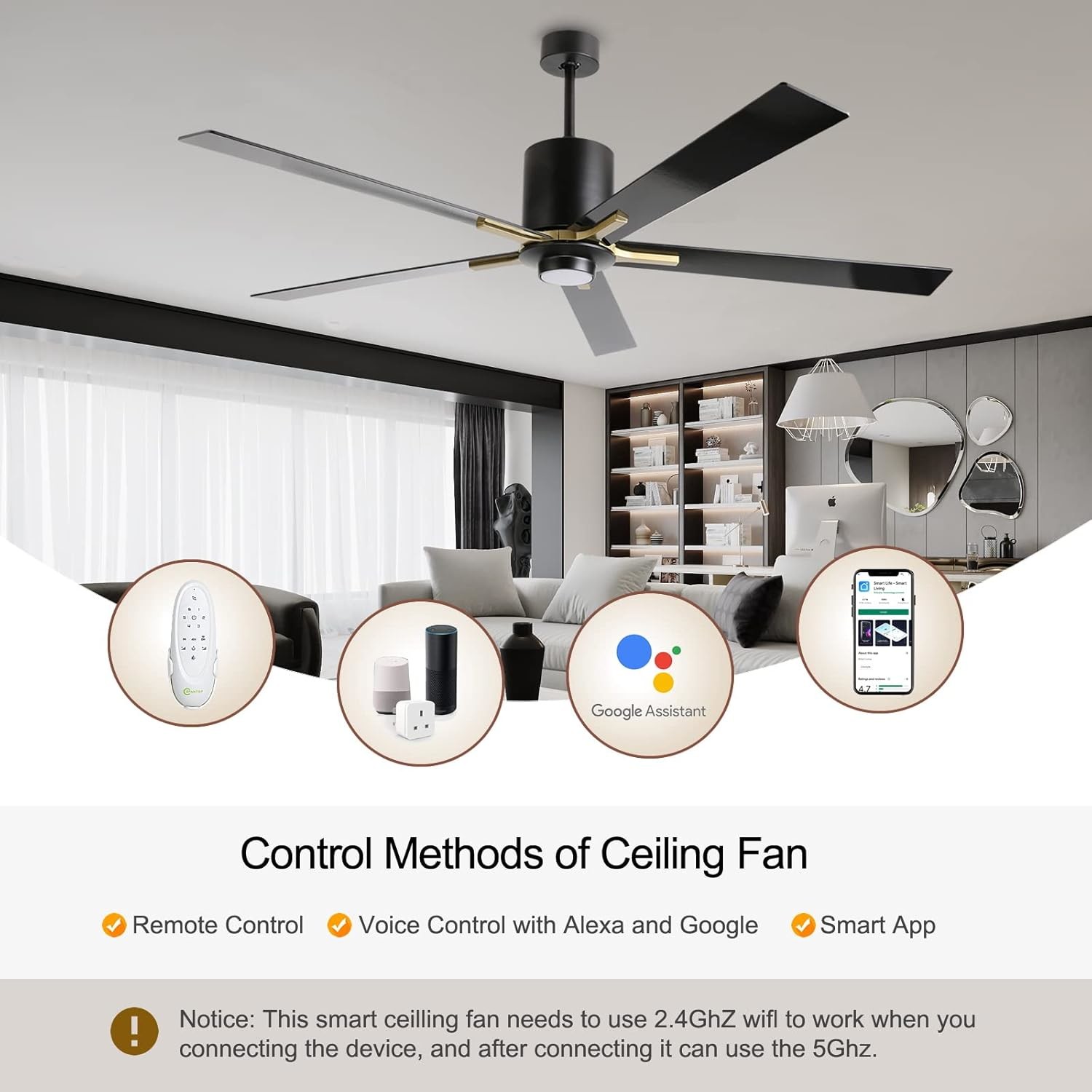 White DC Motor Quiet Blade Ceiling Fan Light 72 Inches With 3 Color Changing Speeds