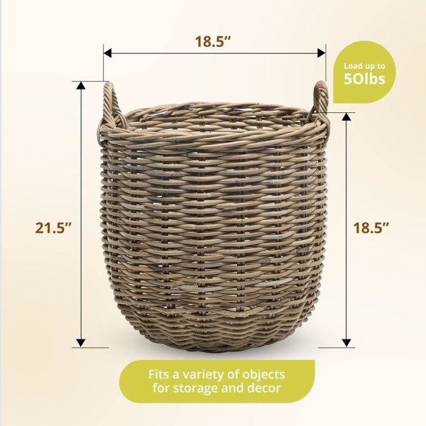 Hand-Woven Rattan Nesting Wicker Storage Baskets W/ Wheels And Handles, Seagrass Container For Decoration In Bedroom, Laundry Room,White Wash/Kubu Gray