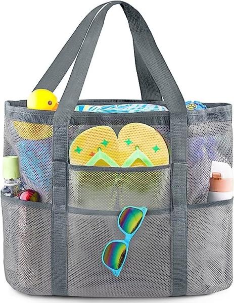 Mesh Beach Bag, Extra Large Beach Bags with 9 Pockets & Zipper Waterproof Lightweight Beach Tote for Beach/Pool Trip