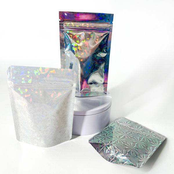 Custom Child Resistant 3.5g Mylar Bags | Holographic Bottom Gusset Stand Up Zipper Pouch for 3.5g 7g Flower Herbs Packaging Food Grade OEM ODM Manufacturer