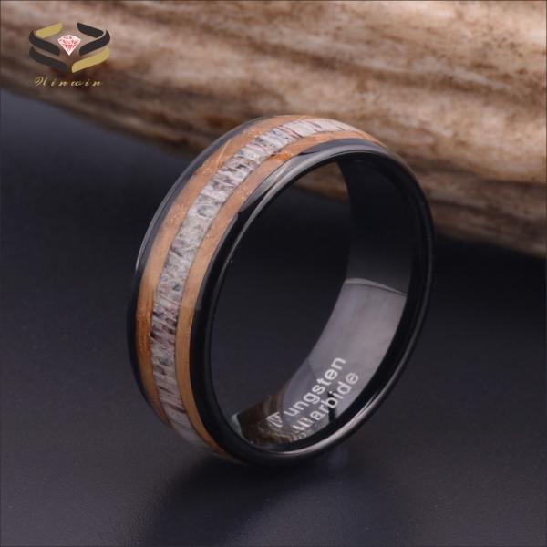 Unisex 8mm Black Tungsten Wedding Ring with Whiskey Barrel Wood Deer Antler Inlay Comfort Fit Sample Making
