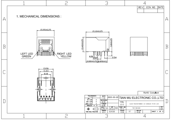 Tab Down Rj45 Connector With Led Side Entry Gold 6u'' Plating Contact Mating