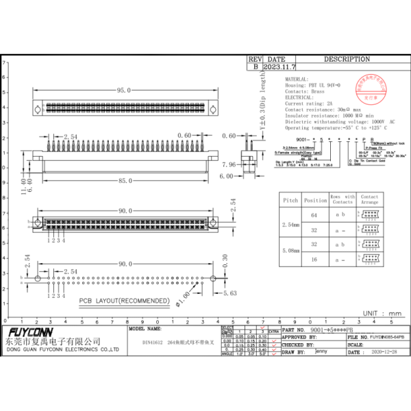 Replace Harting P/N 09 02 264 6861 DIN-Signal B064FPW-13C1-2, DIN Signal Type B Female Press-in 13.0 64-Pole