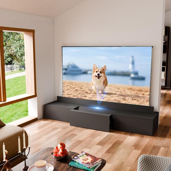 Meuble TV laser motorisé 100-130 pouces, meuble TV coulissant intelligent