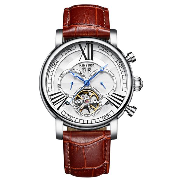 Brown Genuine Leather Luxury White Dial Automatic Movement Mens Waterproof Automatic Mechanical Watch