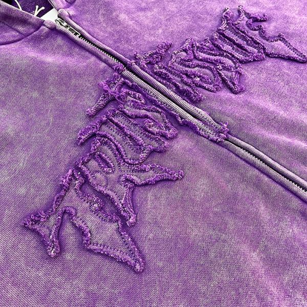 Sudadera con capucha pesada con parche bordado personalizado, lavado ácido French Tetty, vintage, con cremallera, desgastada, sobredimensionada