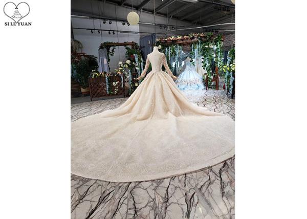 Long Sleeeve Ladies Bridal Gown Special Lace Sequins Fabric Big Long Tail