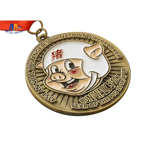 5K Running Race Medal With Pig Relief Antique Gold Plating Both Side Design